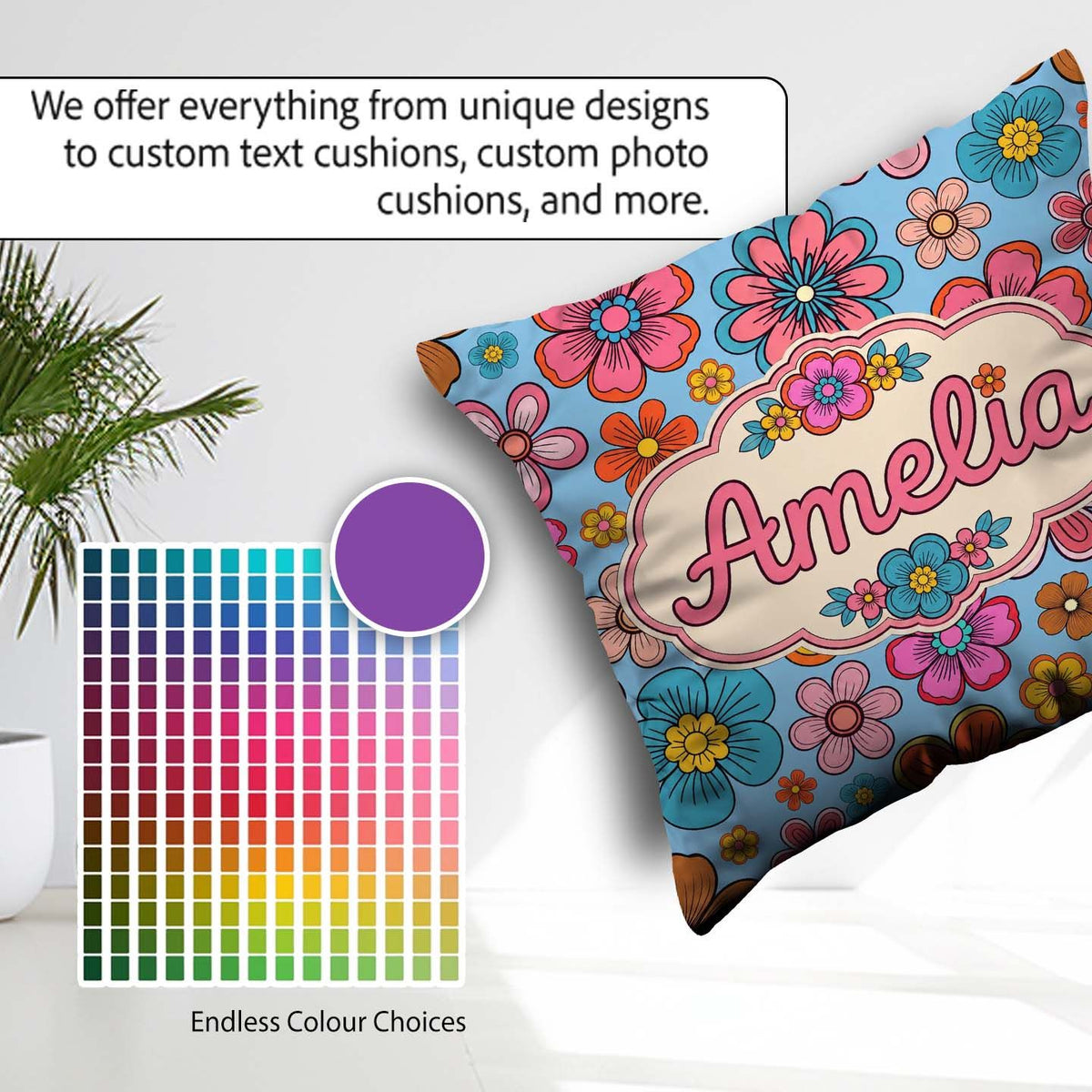 Custom Name Floral Flowers on Mint Green Background Pattern Name Square Filled Cushion Throw Pillow Sofa Bed Home Decor Zip Washable UK Made