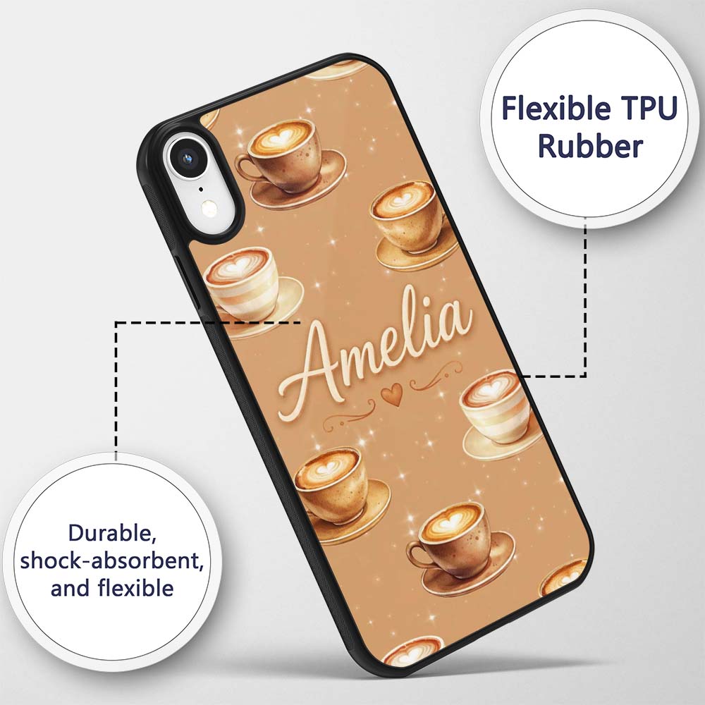 Coffee Latte Cappuccino Cup Seamless Pattern on Custom Name Protective Phone Case Mobile Cover Durable Everyday Smartphone Shock Resistant
