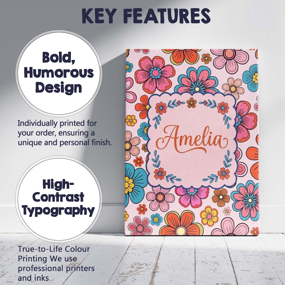 Personalised Name Cute Floral Flowers on Custom Unique Gift Idea Elegant Feature Canvas Wall Art Print Decor Picture Ready to Hang