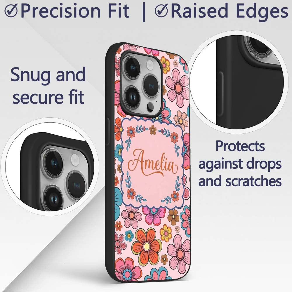 Cute Floral Flowers on Blush Pink Background Custom Name Protective Phone Case Mobile Cover Durable Everyday Smartphone Shock Resistant