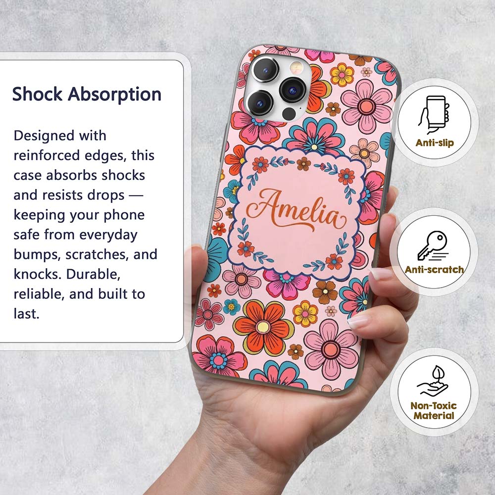 Cute Floral Flowers on Blush Pink Background Custom Name Protective Phone Case Mobile Cover Durable Everyday Smartphone Shock Resistant