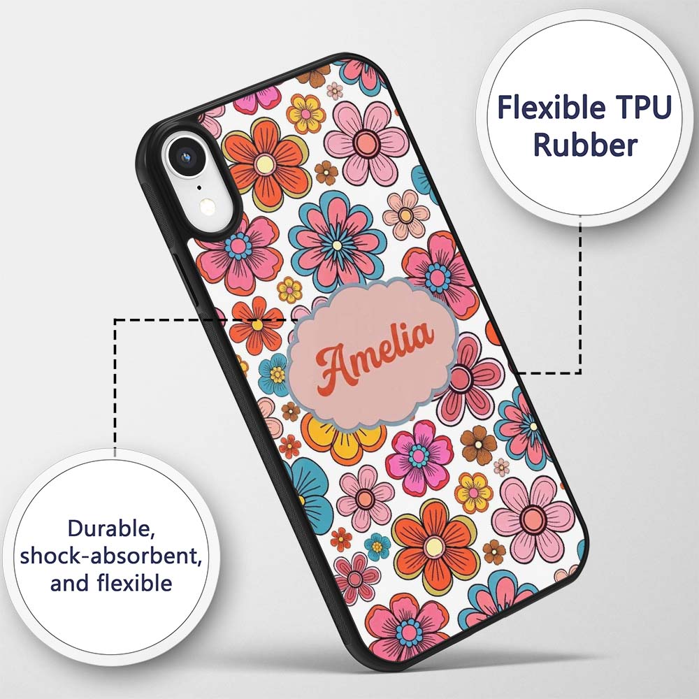 Cute Floral Flowers on Light Grey Background Custom Name Protective Phone Case Mobile Cover Durable Everyday Smartphone Shock Resistant