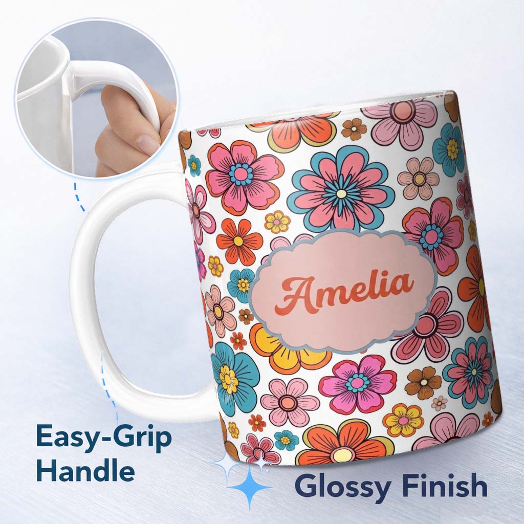 Personalized Custom Name Cute Floral Flowers on Light Grey Background Seamless Pattern Name 11oz Ceramic Coffee Tea Mug White Large Handle