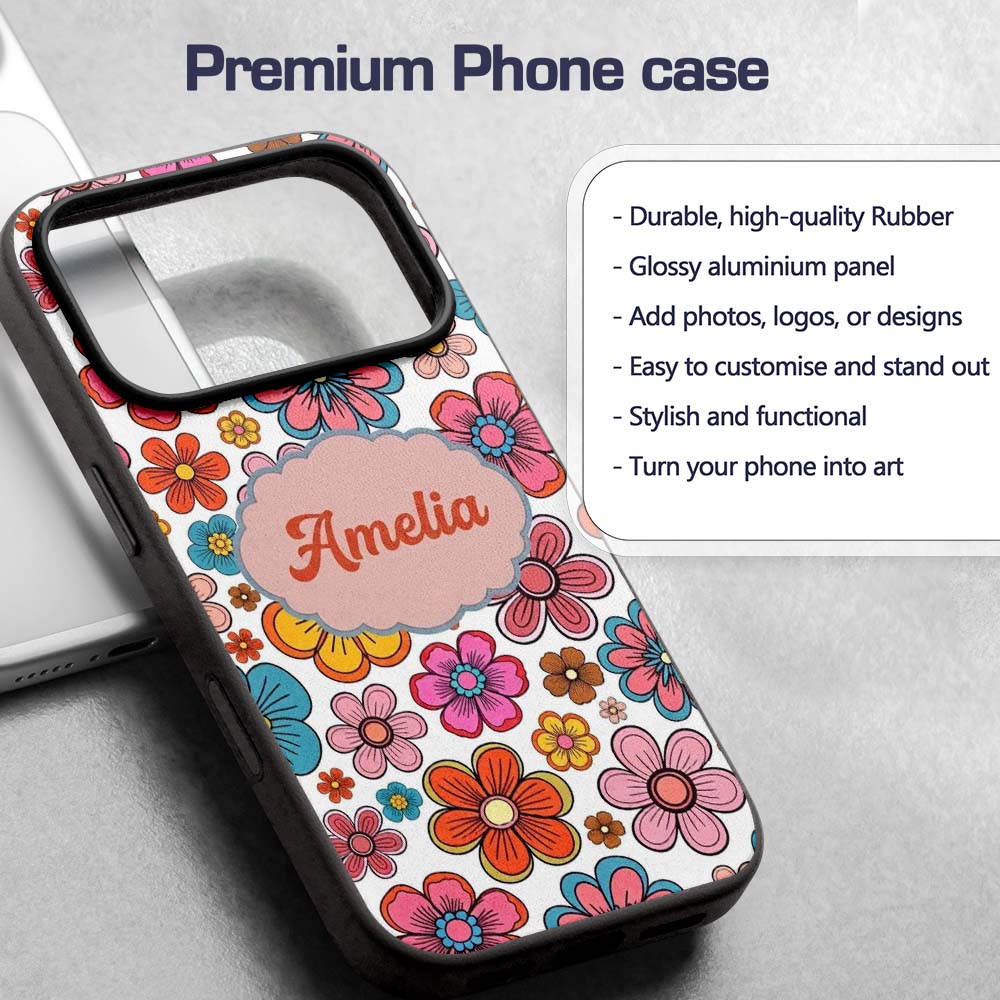 Cute Floral Flowers on Light Grey Background Custom Name Protective Phone Case Mobile Cover Durable Everyday Smartphone Shock Resistant