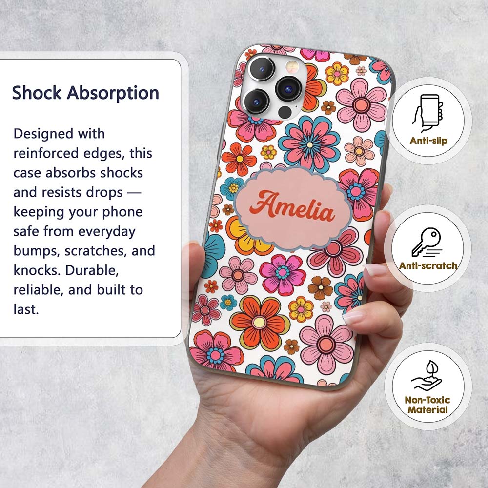 Cute Floral Flowers on Light Grey Background Custom Name Protective Phone Case Mobile Cover Durable Everyday Smartphone Shock Resistant