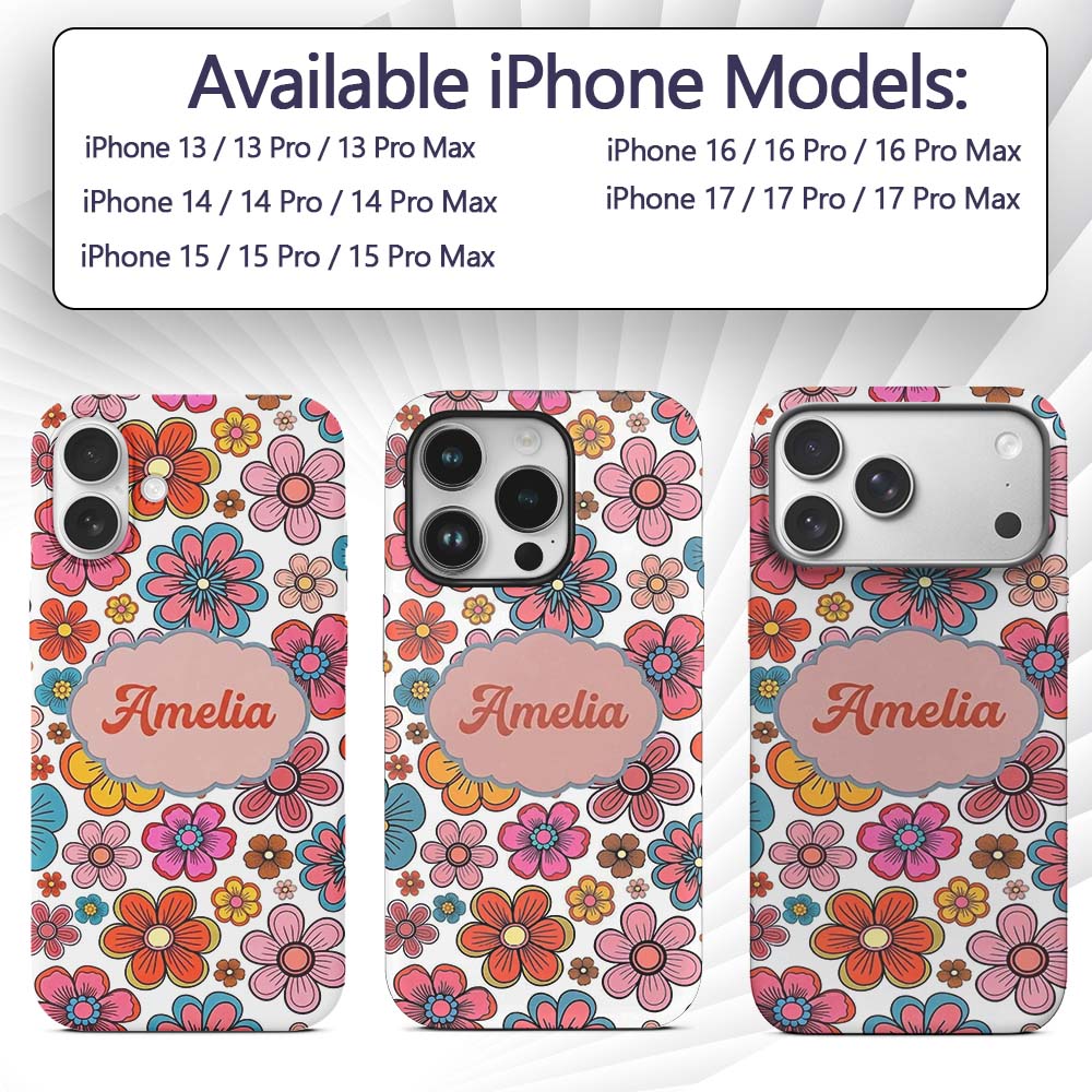 Cute Floral Flowers on Light Grey Background Custom Name Protective Phone Case Mobile Cover Durable Everyday Smartphone Shock Resistant