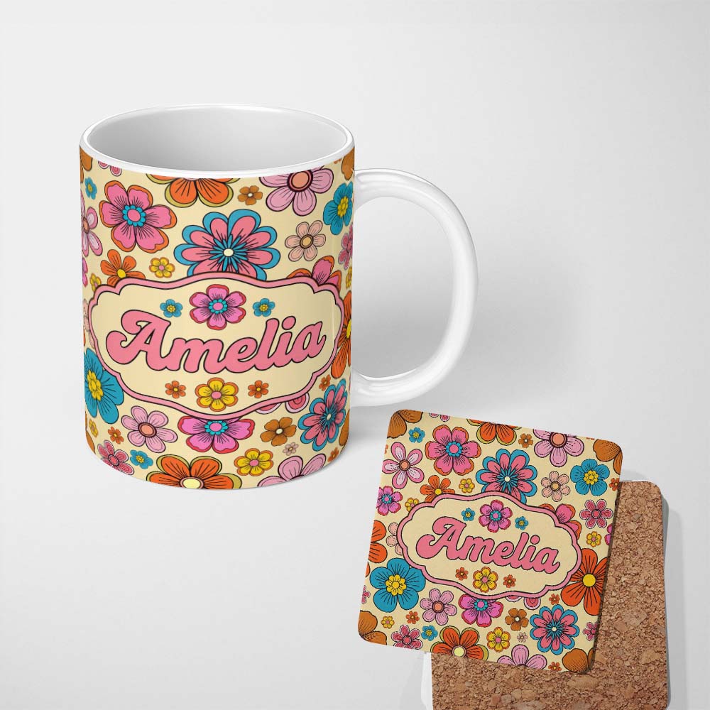 Personalized Custom Name Cute Floral Flowers on Warm Beige Background Seamless Pattern Name 11oz Ceramic Coffee Tea Mug White Large Handle