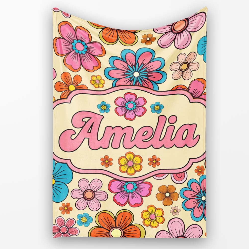 Cute Floral Flowers on Warm Beige Background Seamless Pattern Name Personalised Custom Name Super Soft Fleece Blanket Bed Sofa Throw