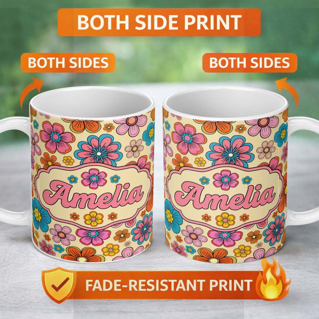 Personalized Custom Name Cute Floral Flowers on Warm Beige Background Seamless Pattern Name 11oz Ceramic Coffee Tea Mug White Large Handle