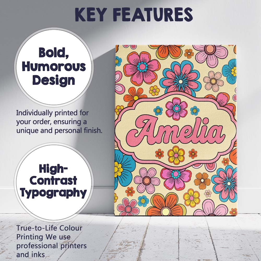 Personalised Name Cute Floral Flowers on Custom Unique Gift Idea Elegant Feature Canvas Wall Art Print Decor Picture Ready to Hang