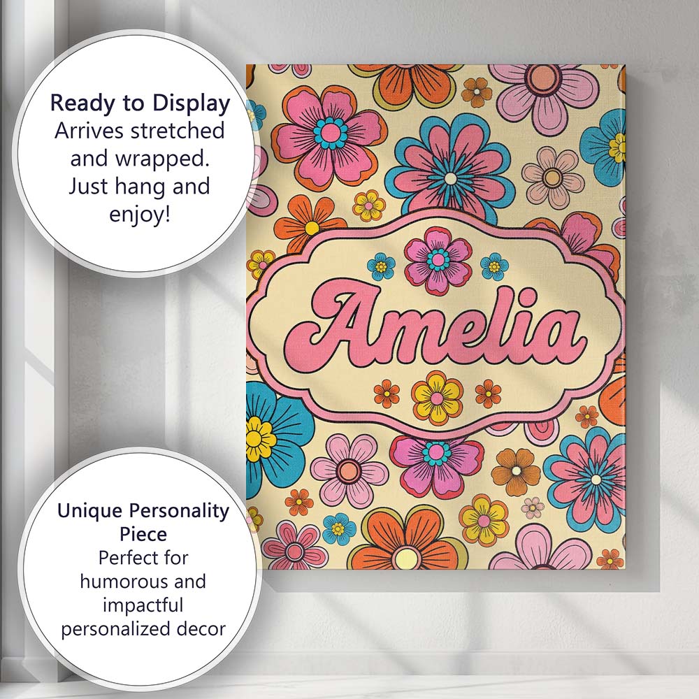 Personalised Name Cute Floral Flowers on Custom Unique Gift Idea Elegant Feature Canvas Wall Art Print Decor Picture Ready to Hang