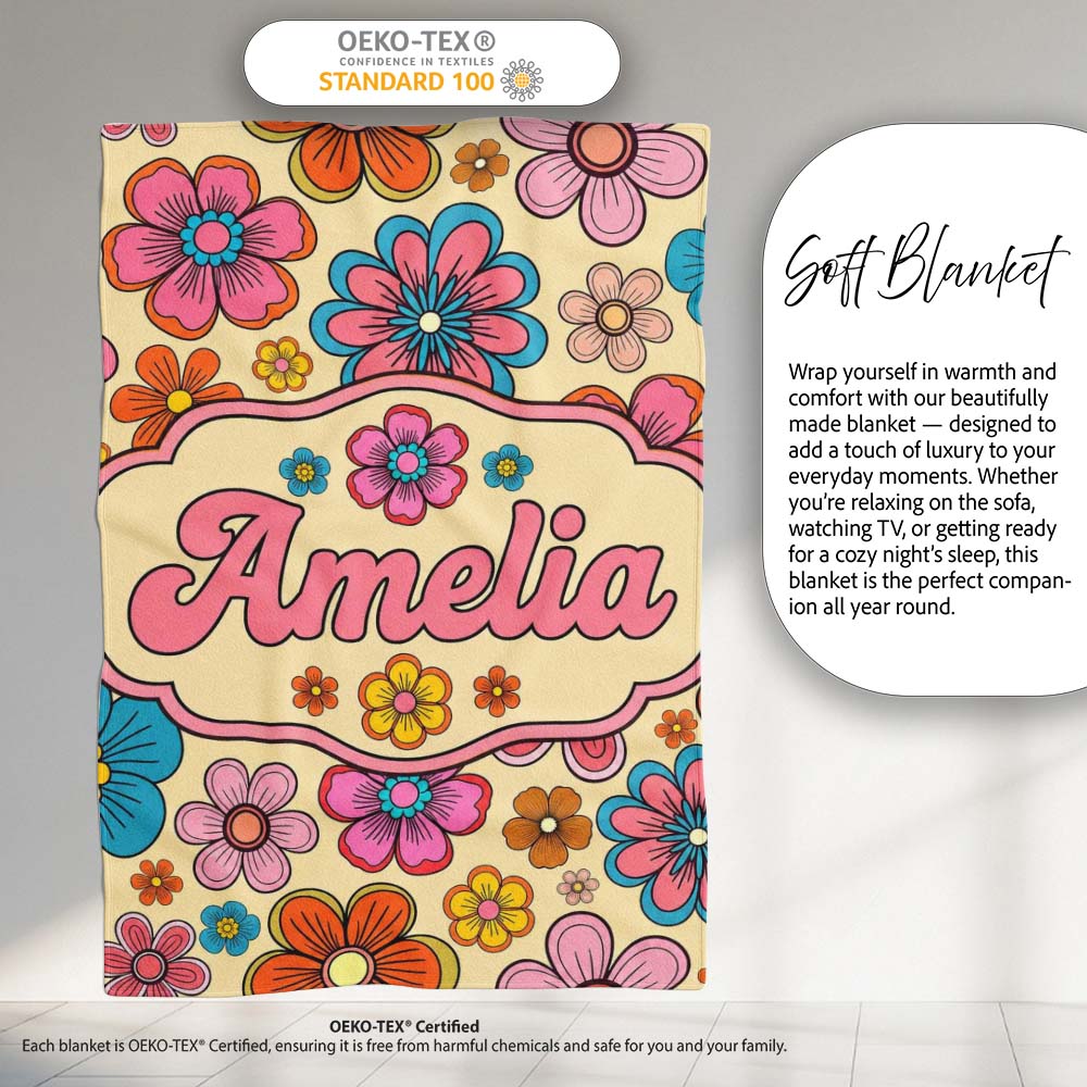 Cute Floral Flowers on Warm Beige Background Seamless Pattern Name Personalised Custom Name Super Soft Fleece Blanket Bed Sofa Throw