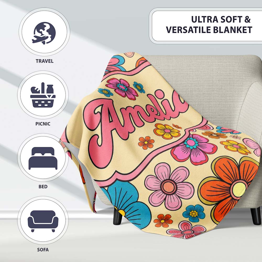 Cute Floral Flowers on Warm Beige Background Seamless Pattern Name Personalised Custom Name Super Soft Fleece Blanket Bed Sofa Throw