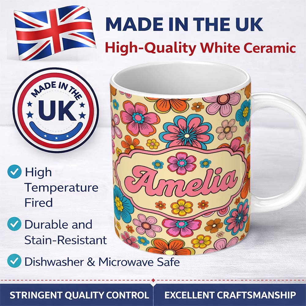 Personalized Custom Name Cute Floral Flowers on Warm Beige Background Seamless Pattern Name 11oz Ceramic Coffee Tea Mug White Large Handle