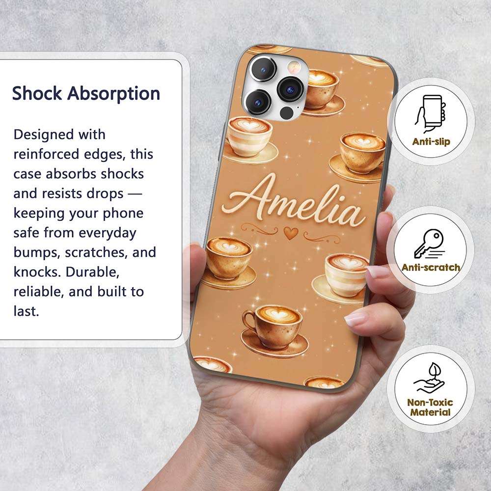Coffee Latte Cappuccino Cup Seamless Pattern on Custom Name Protective Phone Case Mobile Cover Durable Everyday Smartphone Shock Resistant