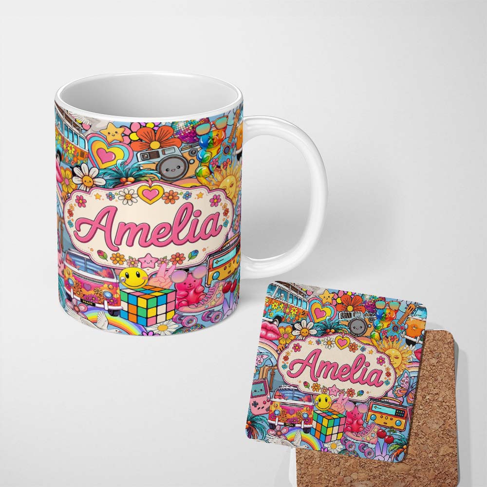 Personalized Custom Name Cute Hippie Rainbow Toys Collage Seamless Pattern Name Unique Gift 11oz Ceramic Coffee Tea Mug White Large Handle