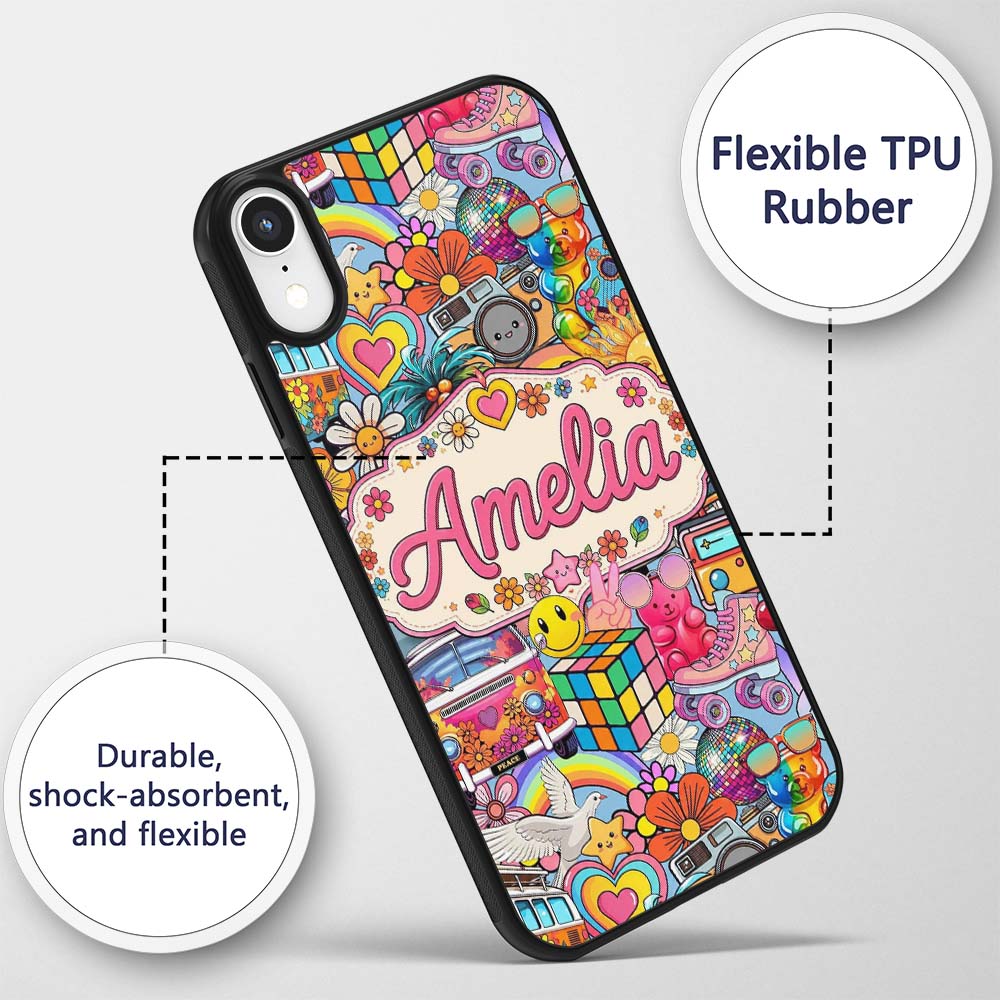 Cute Hippie Rainbow Toys Collage Seamless Pattern Custom Name Protective Phone Case Mobile Cover Durable Everyday Smartphone Shock Resistant