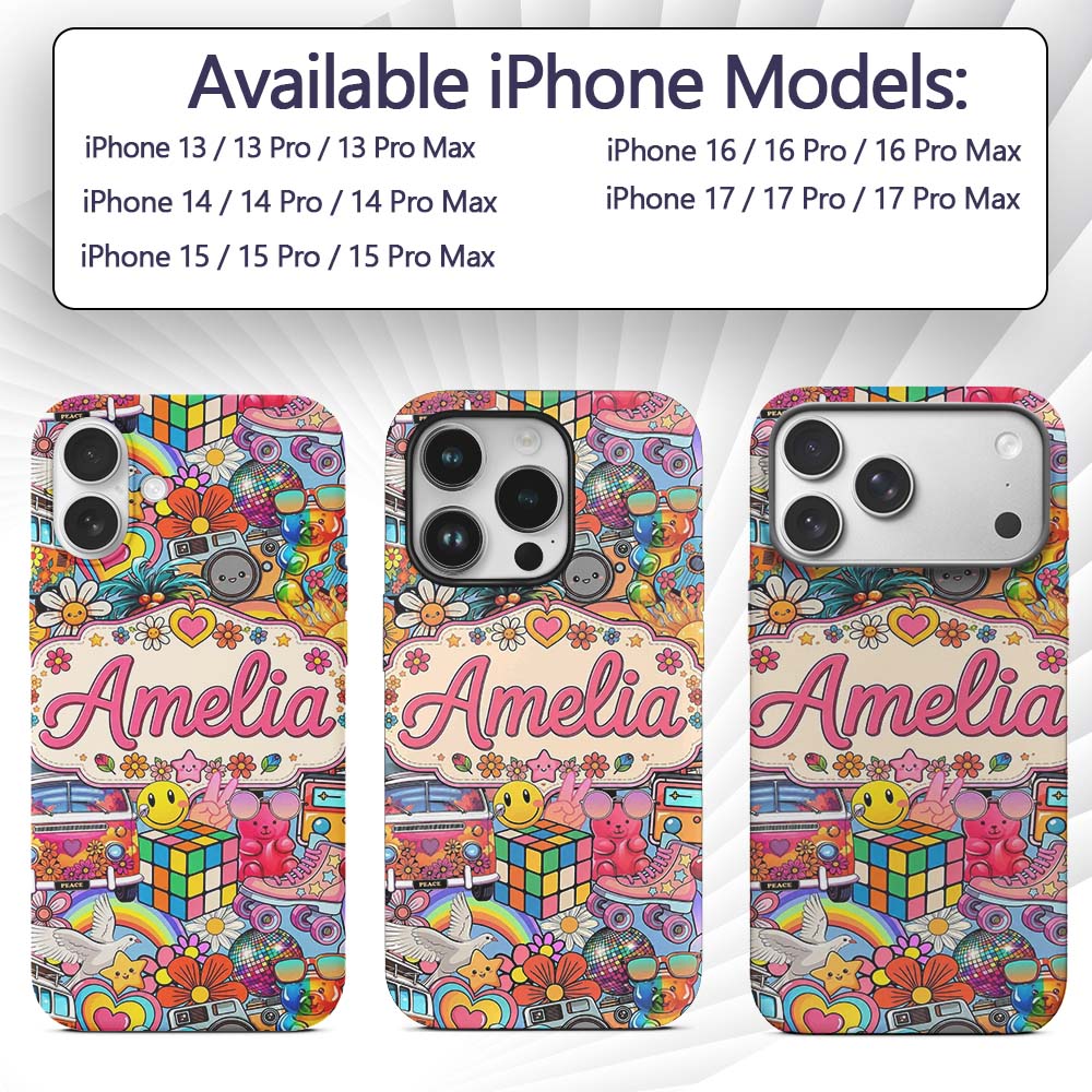 Cute Hippie Rainbow Toys Collage Seamless Pattern Custom Name Protective Phone Case Mobile Cover Durable Everyday Smartphone Shock Resistant