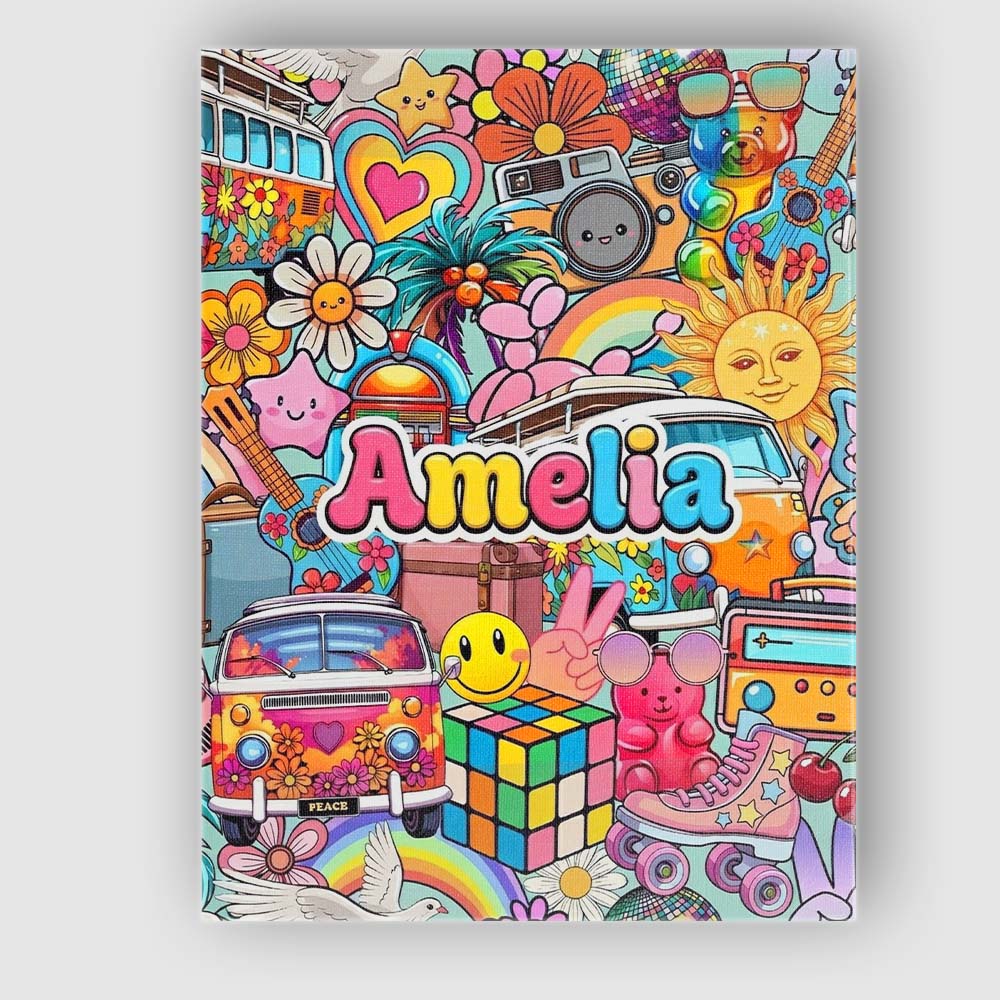 Personalised Name Cute Hippie Van Rainbow Custom Unique Gift Idea Elegant Feature Canvas Wall Art Print Decor Picture Ready to Hang