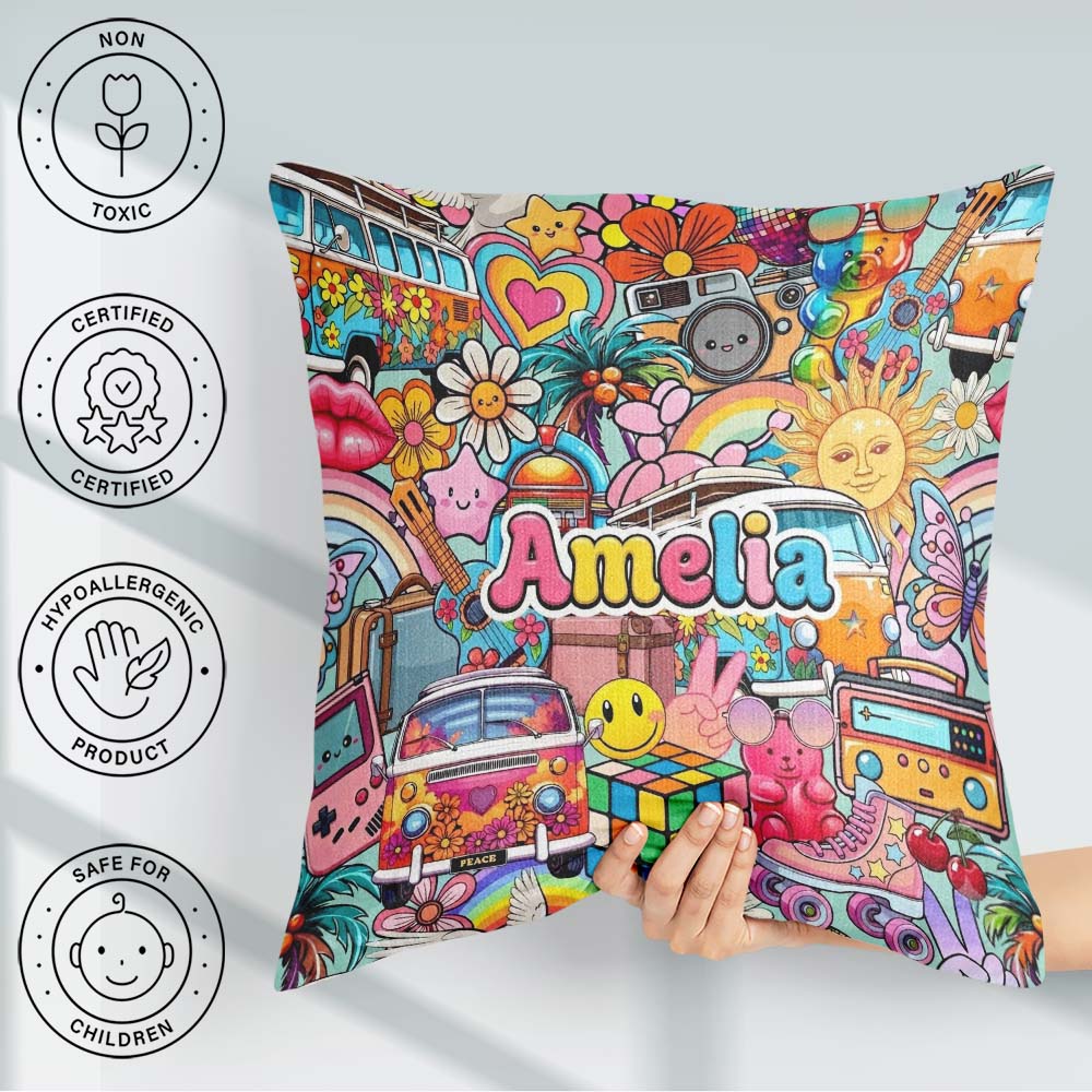 Custom Name Cute Van Rainbow Toys Collage Seamless Pattern Name Square Filled Cushion Throw Pillow Sofa Bed Home Decor Zip Washable UK Made