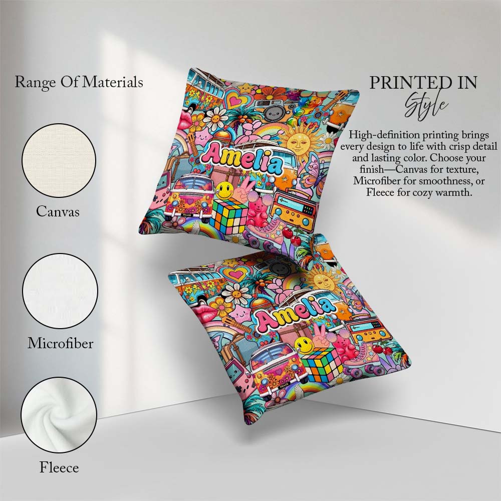 Custom Name Cute Van Rainbow Toys Collage Seamless Pattern Name Square Filled Cushion Throw Pillow Sofa Bed Home Decor Zip Washable UK Made