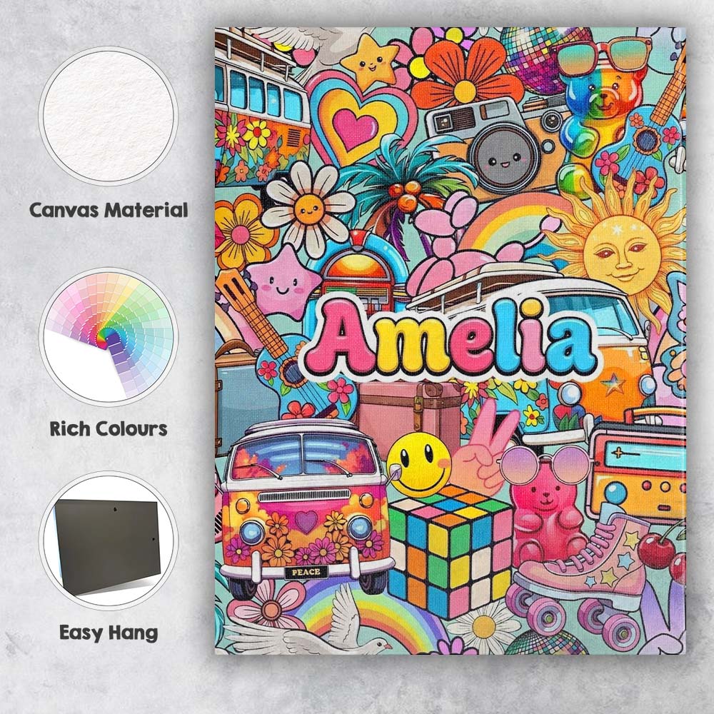 Personalised Name Cute Hippie Van Rainbow Custom Unique Gift Idea Elegant Feature Canvas Wall Art Print Decor Picture Ready to Hang