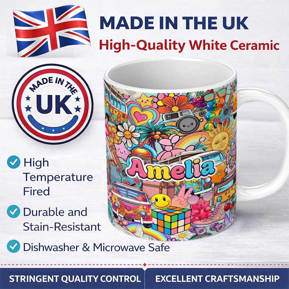 Personalized Custom Name Cute Hippie Van Rainbow Toys Collage Seamless Pattern Name Unique 11oz Ceramic Coffee Tea Mug White Large Handle