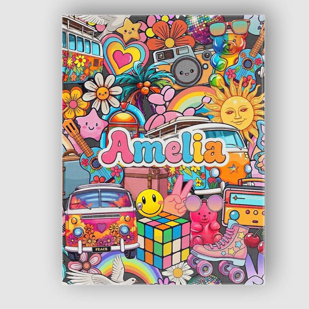 Personalised Name Cute Hippie Van Rainbow Custom Unique Gift Idea Elegant Feature Canvas Wall Art Print Decor Picture Ready to Hang