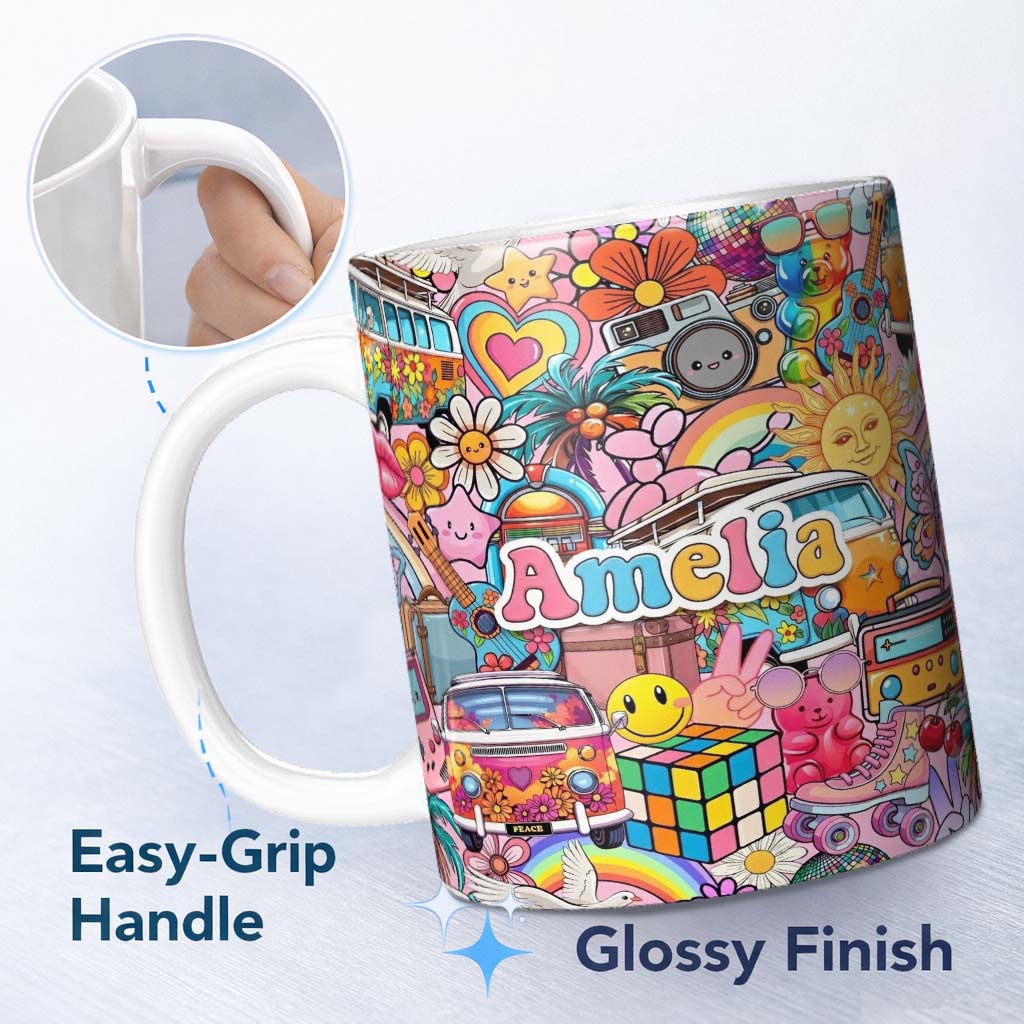 Personalized Custom Name Cute Hippie Van Rainbow Toys Collage Pink Background Seamless 11oz Ceramic Coffee Tea Mug White Large Handle