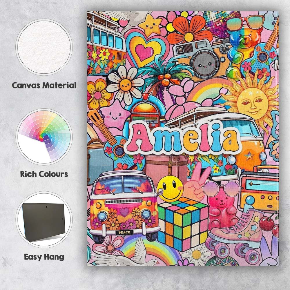 Personalised Name Cute Hippie Van Rainbow Custom Unique Gift Idea Elegant Feature Canvas Wall Art Print Decor Picture Ready to Hang