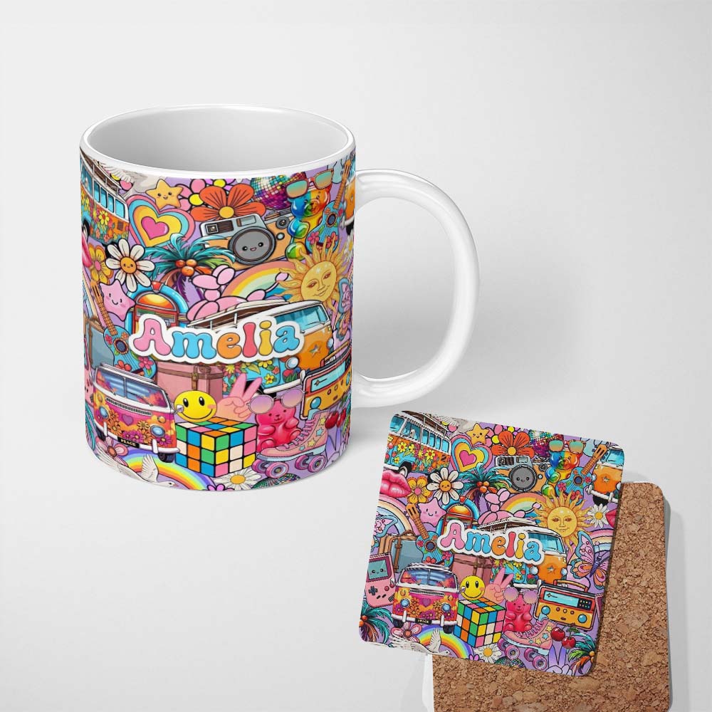 Personalized Custom Name Cute Hippie Van Rainbow Toys Collage Purple Background Seamless 11oz Ceramic Coffee Tea Mug White Large Handle