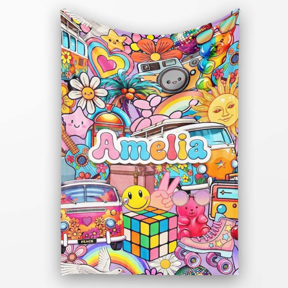 Cute Hippie Van Rainbow Toys Collage Purple Background Seamless Personalised Custom Name Super Soft Fleece Blanket Bed Sofa Throw