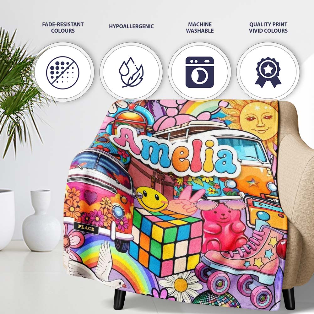 Cute Hippie Van Rainbow Toys Collage Purple Background Seamless Personalised Custom Name Super Soft Fleece Blanket Bed Sofa Throw