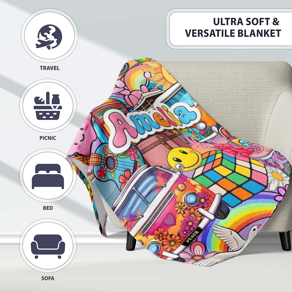 Cute Hippie Van Rainbow Toys Collage Purple Background Seamless Personalised Custom Name Super Soft Fleece Blanket Bed Sofa Throw