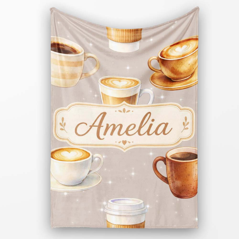 Coffee Latte Cappuccino Seamless Pattern on Light Beige Lovely Personalised Custom Name Super Soft Fleece Blanket Bed Sofa Throw