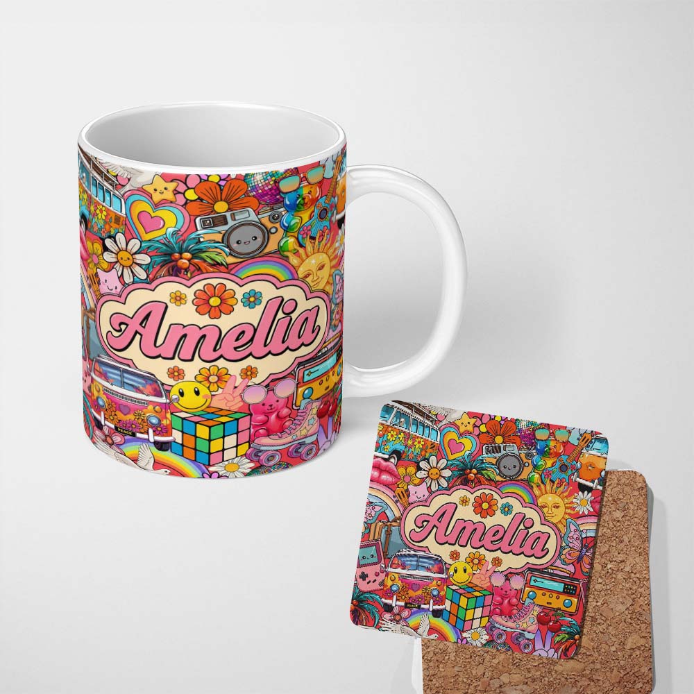 Personalized Custom Name Cute Hippie Van Rainbow Toys Collage Red Background Seamless 11oz Ceramic Coffee Tea Mug White Large Handle