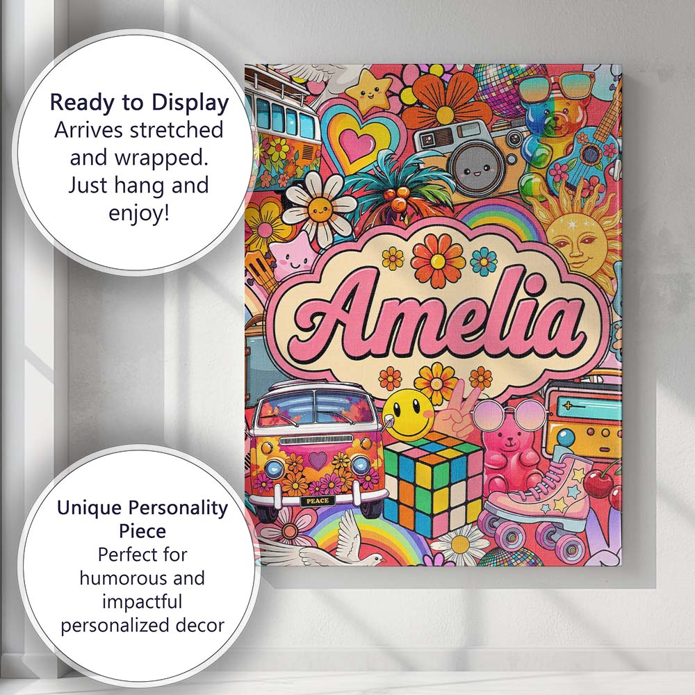 Personalised Name Cute Hippie Van Rainbow Custom Unique Gift Idea Elegant Feature Canvas Wall Art Print Decor Picture Ready to Hang