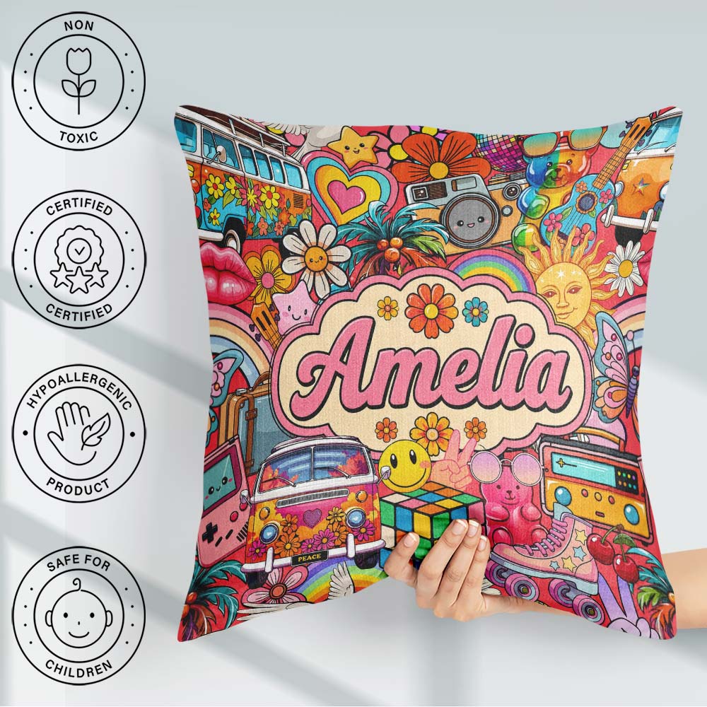 Custom Name Cute Hippie Van Rainbow Toys Red Background Seamless Square Filled Cushion Throw Pillow Sofa Bed Home Decor Zip Washable UK Made