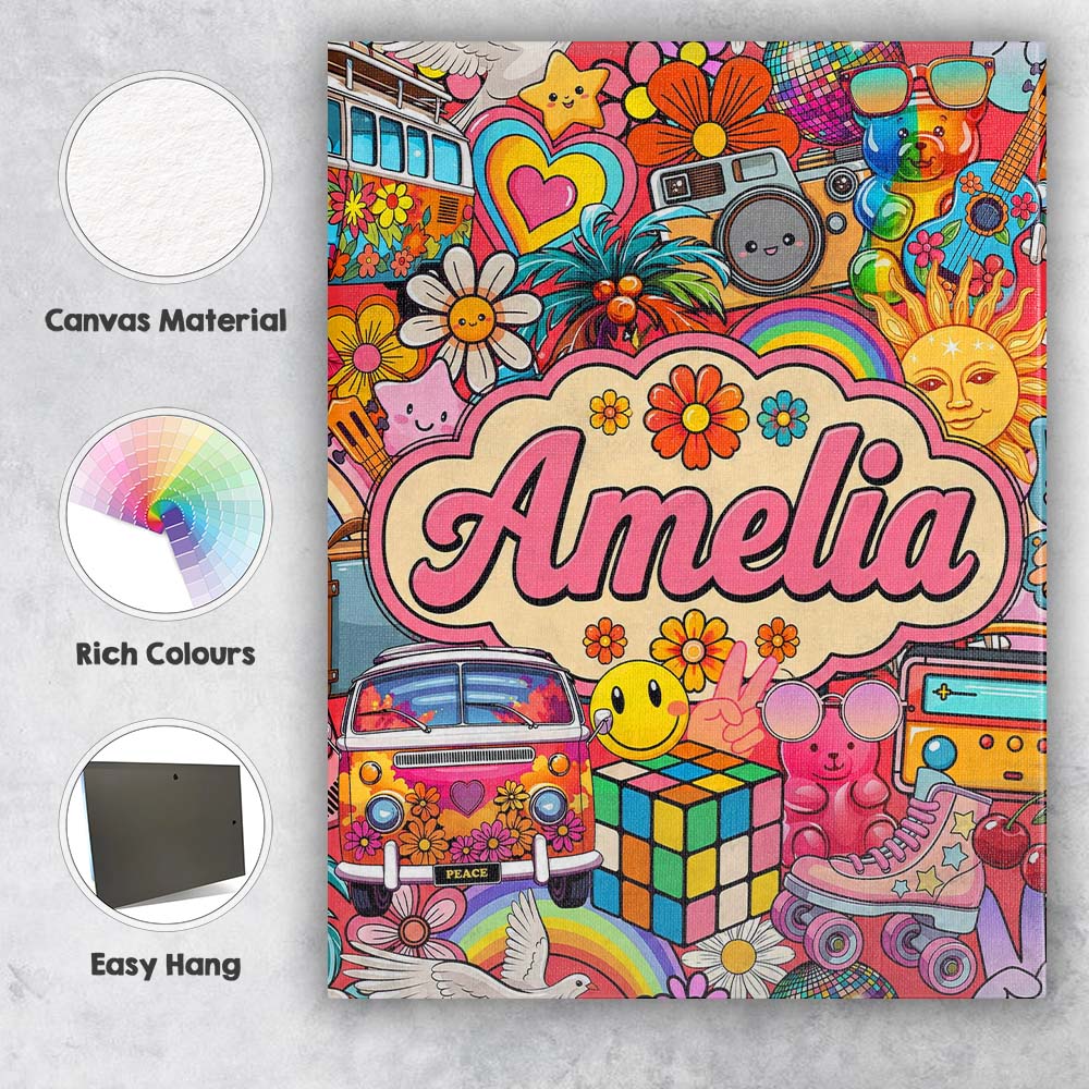 Personalised Name Cute Hippie Van Rainbow Custom Unique Gift Idea Elegant Feature Canvas Wall Art Print Decor Picture Ready to Hang