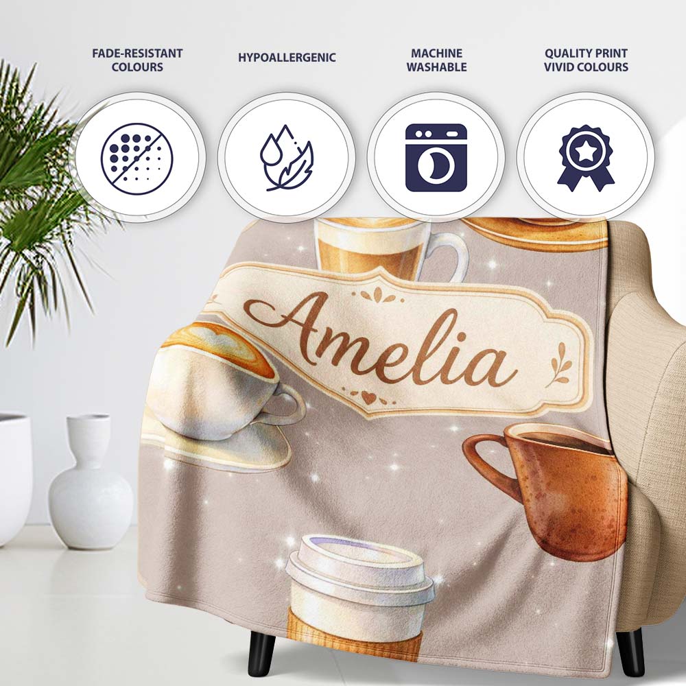 Coffee Latte Cappuccino Seamless Pattern on Light Beige Lovely Personalised Custom Name Super Soft Fleece Blanket Bed Sofa Throw