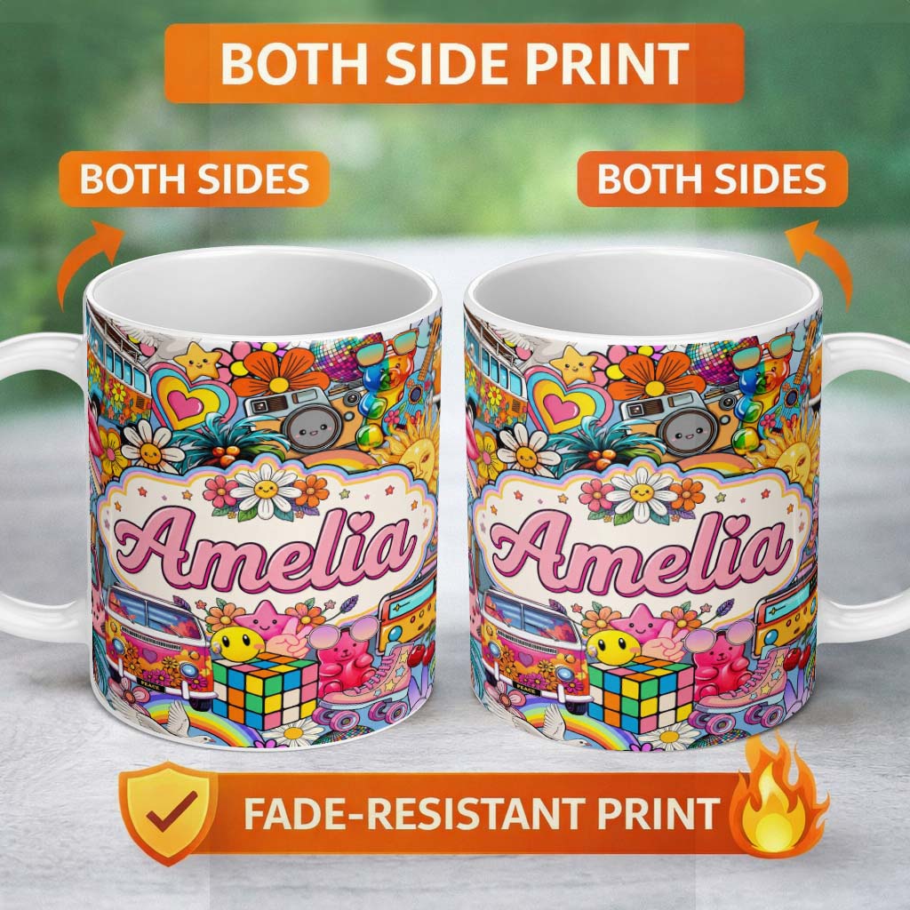 Personalized Custom Name Cute Hippie Van Rainbow Toys Collage Cream Background Seamless 11oz Ceramic Coffee Tea Mug White Large Handle