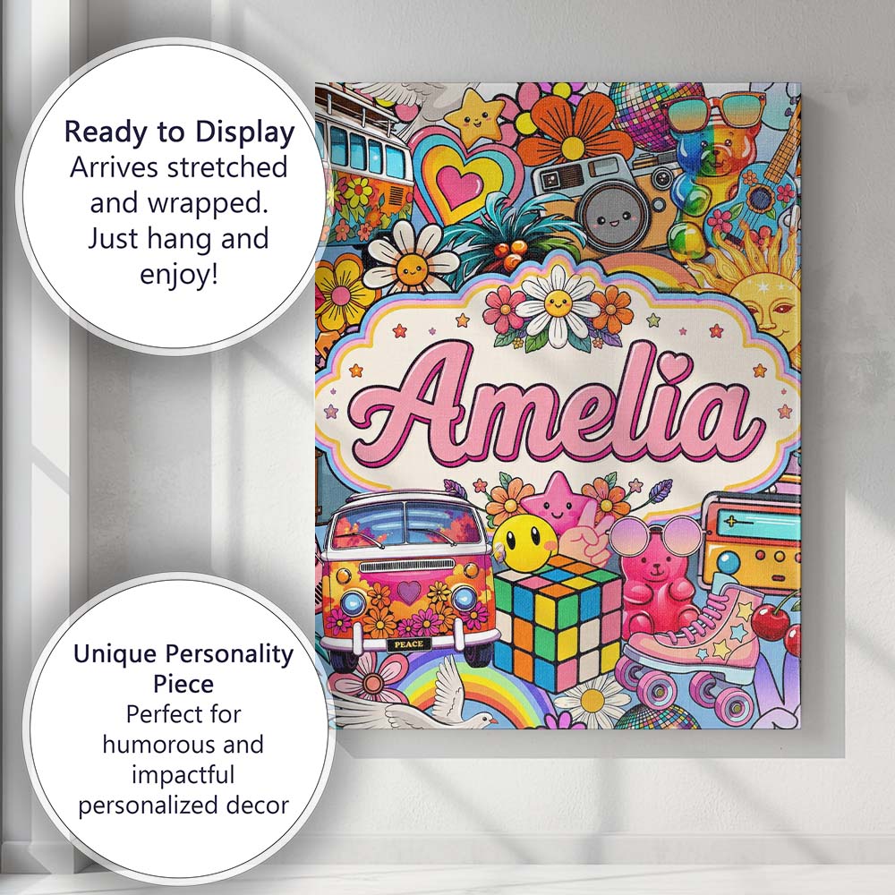Personalised Name Cute Hippie Van Rainbow Custom Unique Gift Idea Elegant Feature Canvas Wall Art Print Decor Picture Ready to Hang