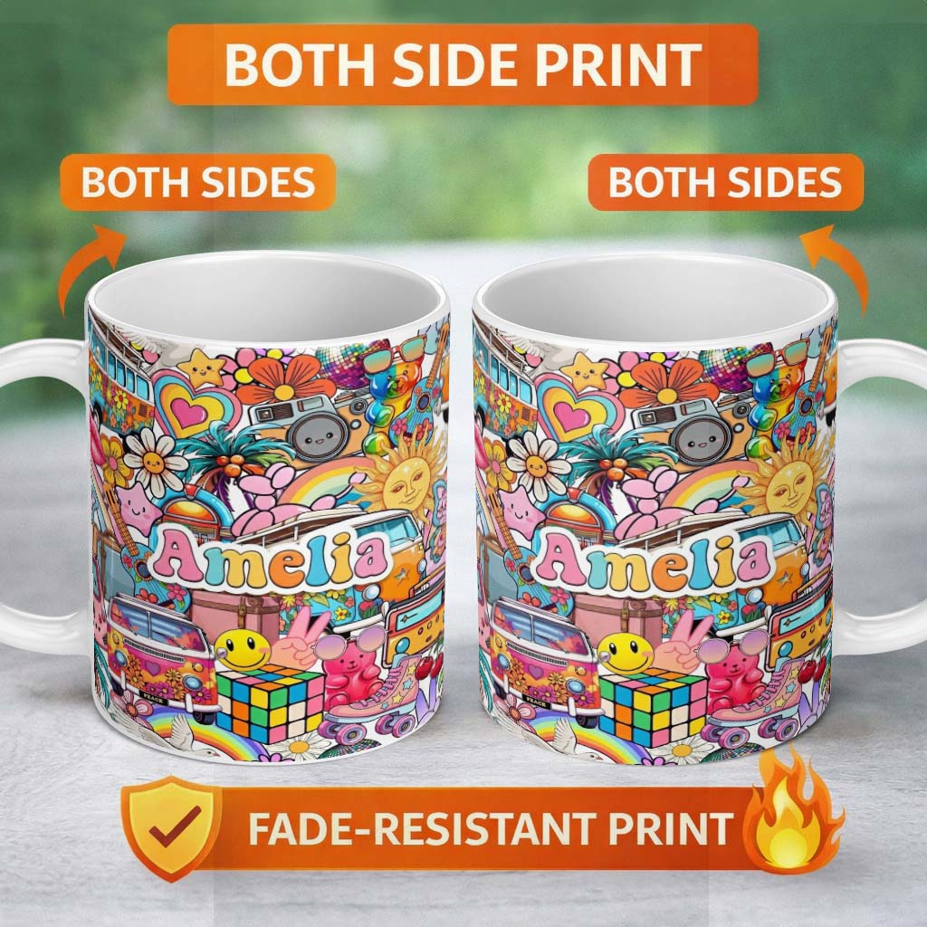 Personalized Custom Name Cute Hippie Van Rainbow Toys Collage Beige Background Seamless 11oz Ceramic Coffee Tea Mug White Large Handle