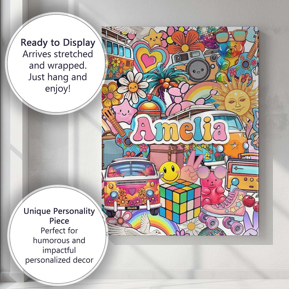 Personalised Name Cute Hippie Van Rainbow Custom Unique Gift Idea Elegant Feature Canvas Wall Art Print Decor Picture Ready to Hang