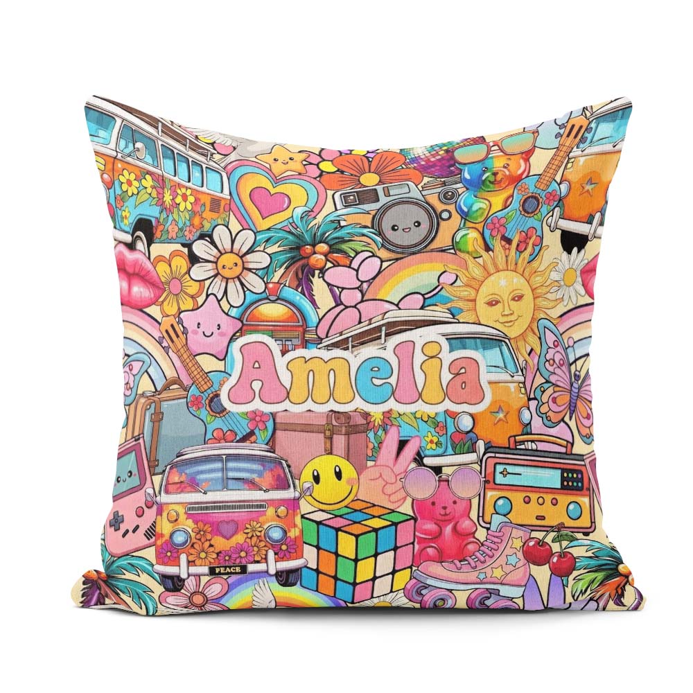Custom Name Hippie Van Rainbow Collage Light Background Seamless Square Filled Cushion Throw Pillow Sofa Bed Home Decor Zip Washable UK Made