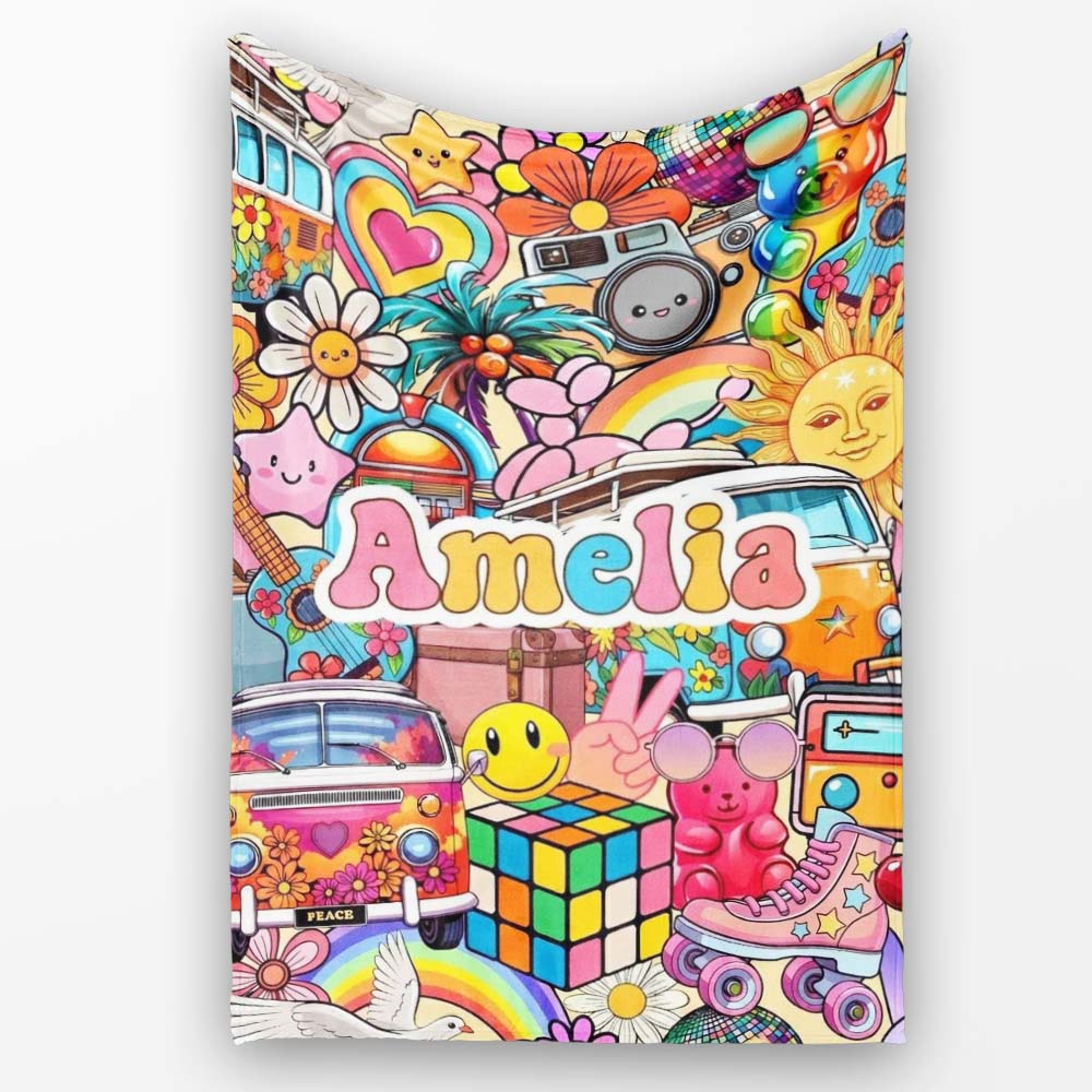 Hippie Van Rainbow Toys Collage Light Yellow Background Seamless Personalised Custom Name Super Soft Fleece Blanket Bed Sofa Throw