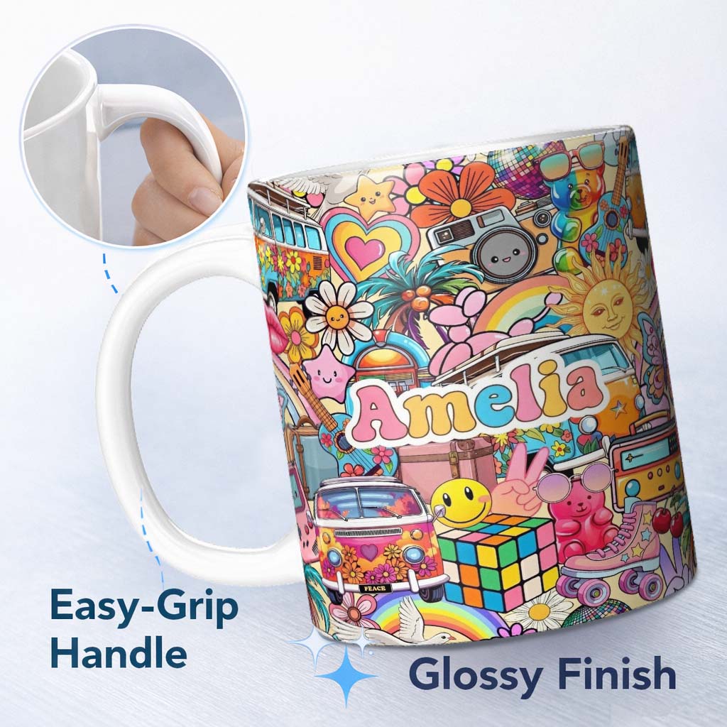 Personalized Custom Name Hippie Van Rainbow Toys Collage Light Yellow Background Seamless 11oz Ceramic Coffee Tea Mug White Large Handle