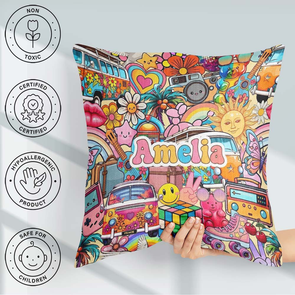Custom Name Hippie Van Rainbow Collage Light Background Seamless Square Filled Cushion Throw Pillow Sofa Bed Home Decor Zip Washable UK Made