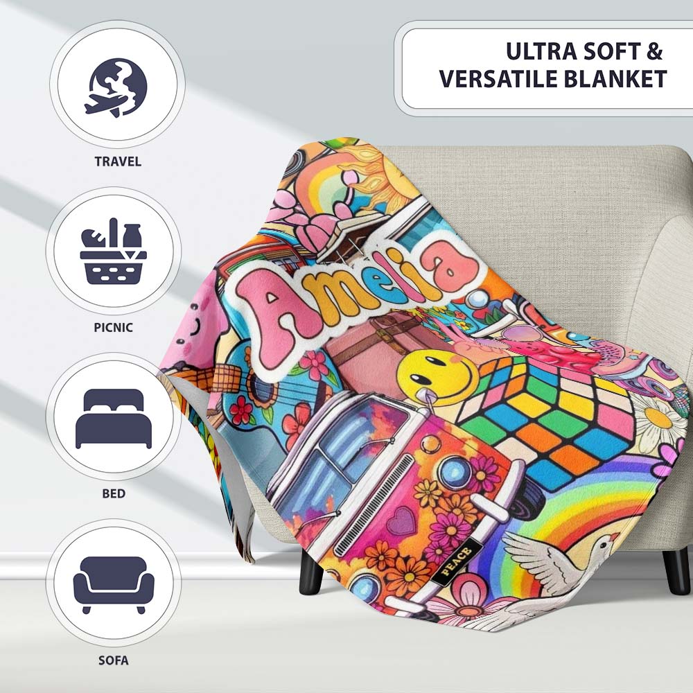 Hippie Van Rainbow Toys Collage Light Yellow Background Seamless Personalised Custom Name Super Soft Fleece Blanket Bed Sofa Throw
