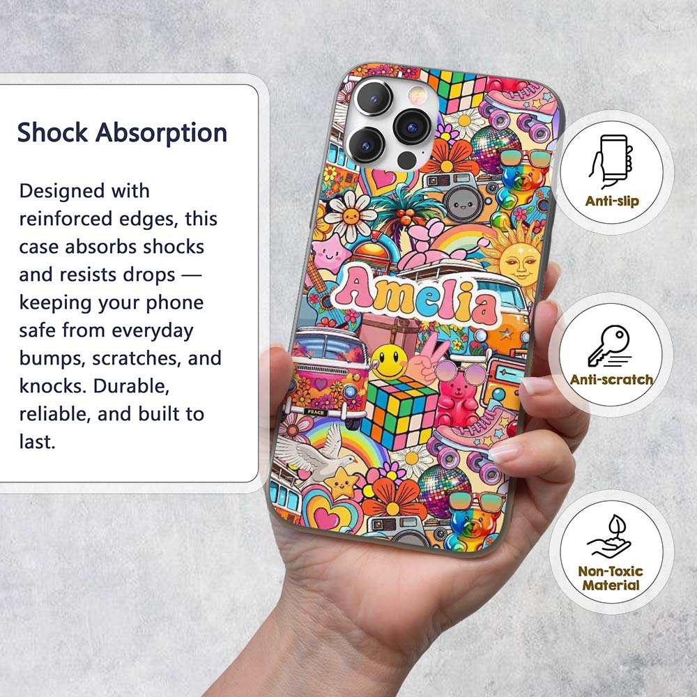 Hippie Van Rainbow Toys Collage Light Yellow Custom Name Protective Phone Case Mobile Cover Durable Everyday Smartphone Shock Resistant
